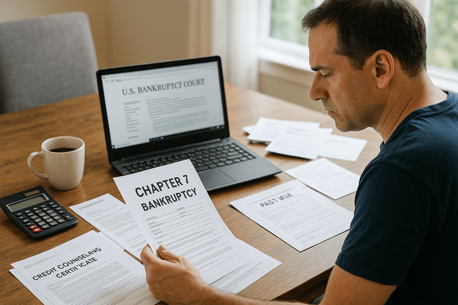 Man reviewing Chapter 7 bankruptcy paperwork without a lawyer at home