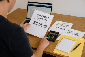Person reviewing Chapter 7 bankruptcy costs with documents and a calculator