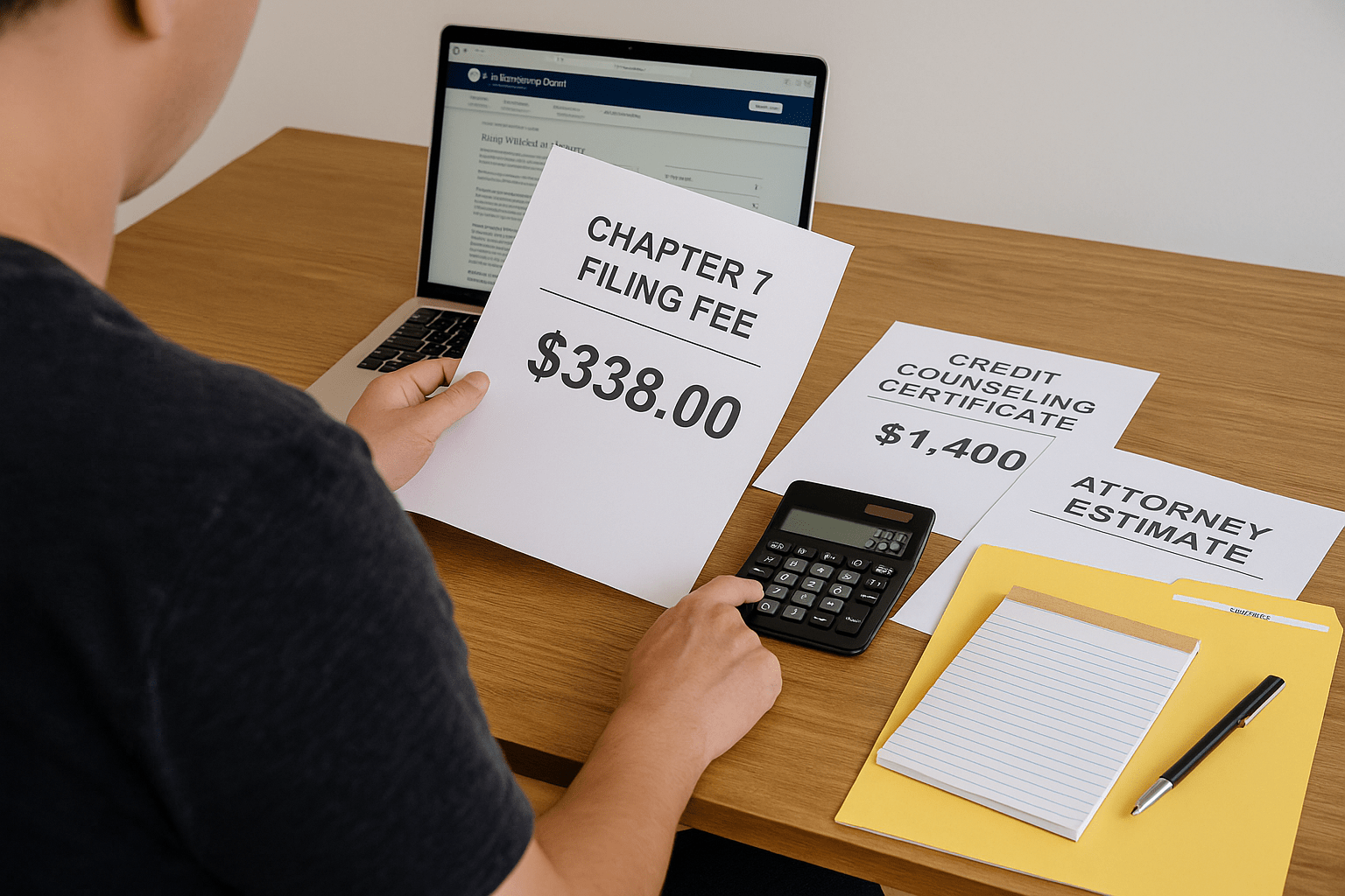 Person reviewing Chapter 7 bankruptcy costs with documents and a calculator