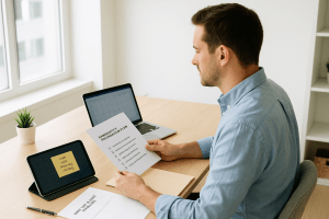 Man reviewing a bankruptcy preparation plan at a tidy home office desk with a digital calendar and asset summary