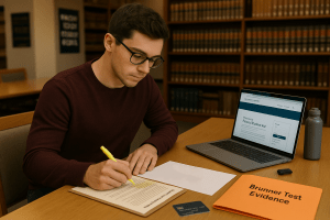 Young man reviewing student loan bankruptcy paperwork at a law library desk with a folder labeled “Brunner Test Evidence”