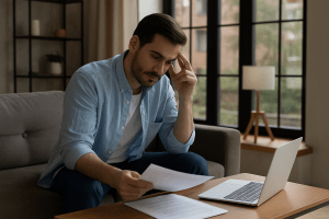 Man reviewing bankruptcy paperwork on a laptop in his living room, appearing thoughtful and concerned