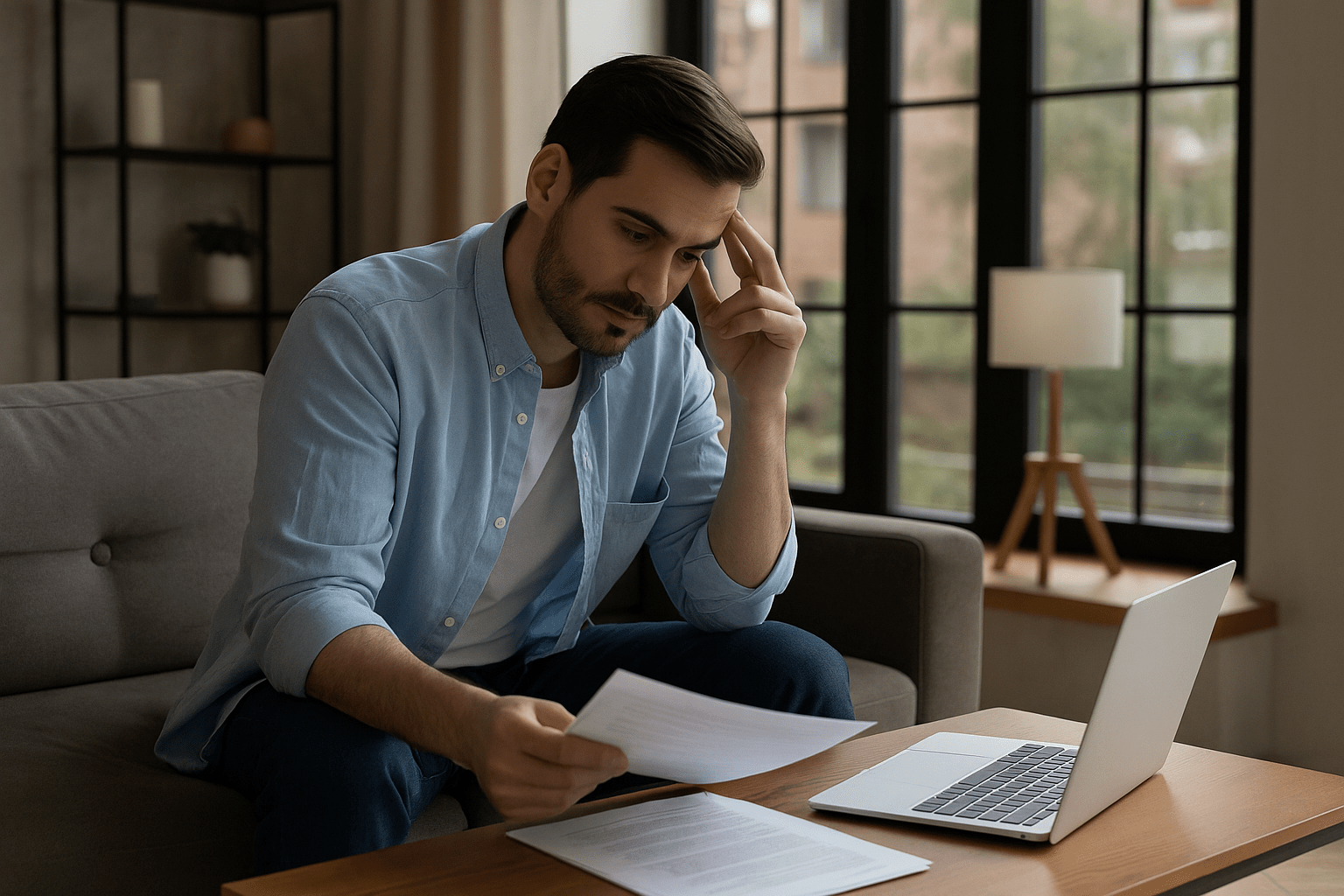 Man reviewing bankruptcy paperwork on a laptop in his living room, appearing thoughtful and concerned