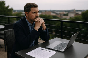 A man sitting on a rooftop terrace reflecting on bankruptcy paperwork and a laptop with a cityscape in the background