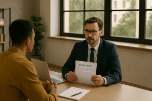 Bankruptcy attorney discussing filing strategy with a client in a well-lit modern office