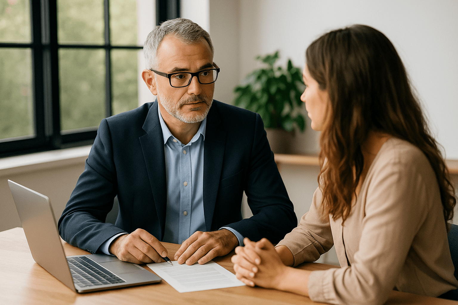 Bankruptcy attorney consulting with a woman in a modern office with laptop and documents on the desk