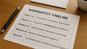 Printed bankruptcy timeline on a wooden desk with pen, calendar, and coffee cup in soft natural lighting