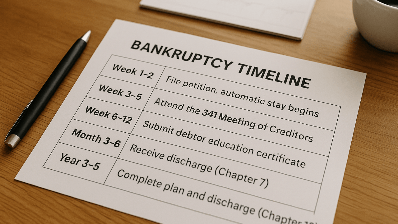 Printed bankruptcy timeline on a wooden desk with pen, calendar, and coffee cup in soft natural lighting
