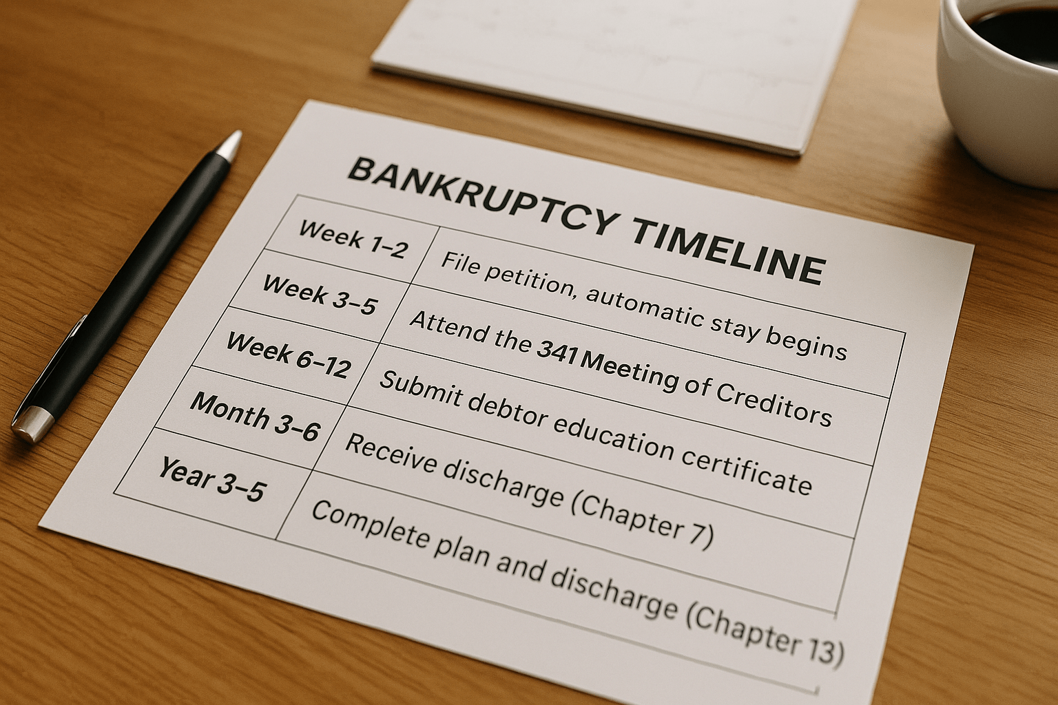 Printed bankruptcy timeline on a wooden desk with pen, calendar, and coffee cup in soft natural lighting