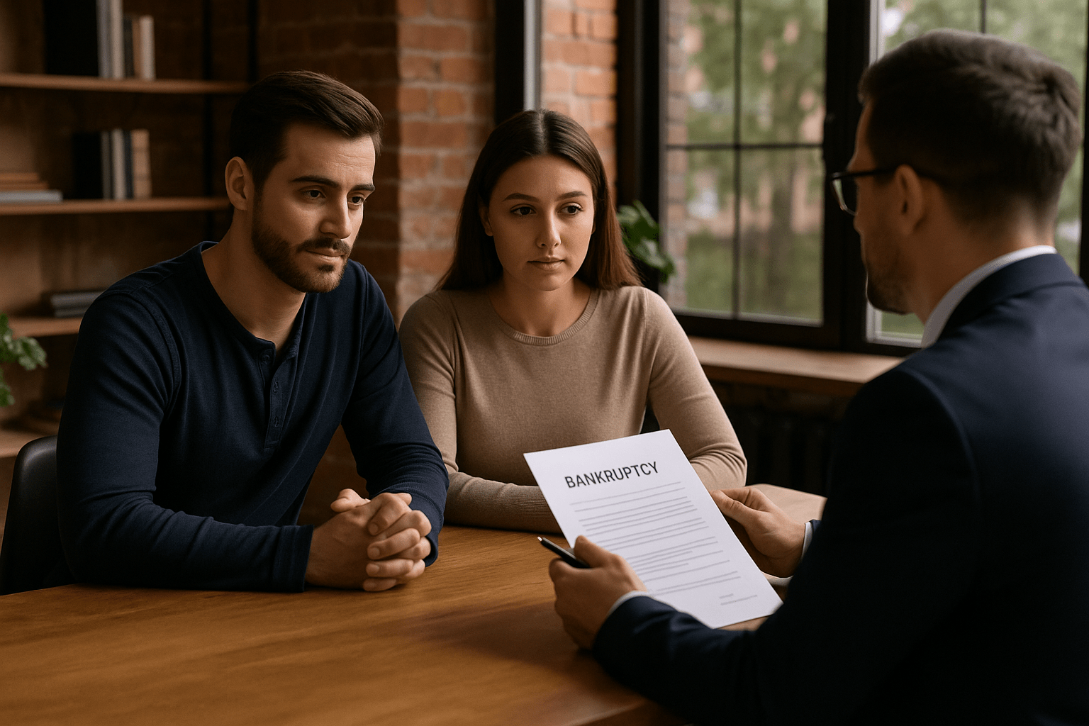 Young couple consulting with a bankruptcy attorney in a brick-walled office about Chapter 13 filing options