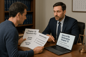 A bankruptcy attorney explains how to file bankruptcy Chapter 13 to a client holding documents labeled Chapter 13 Repayment Plan and Monthly Budget