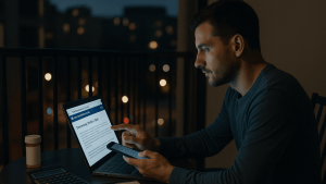 Man in his 30s is sitting on an apartment balcony at night, reviewing bankruptcy options on a tablet with medical debt documents beside him.