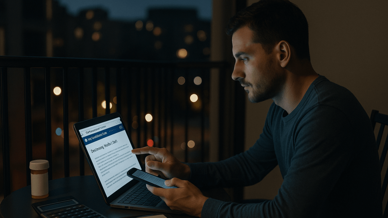 Man in his 30s is sitting on an apartment balcony at night, reviewing bankruptcy options on a tablet with medical debt documents beside him.