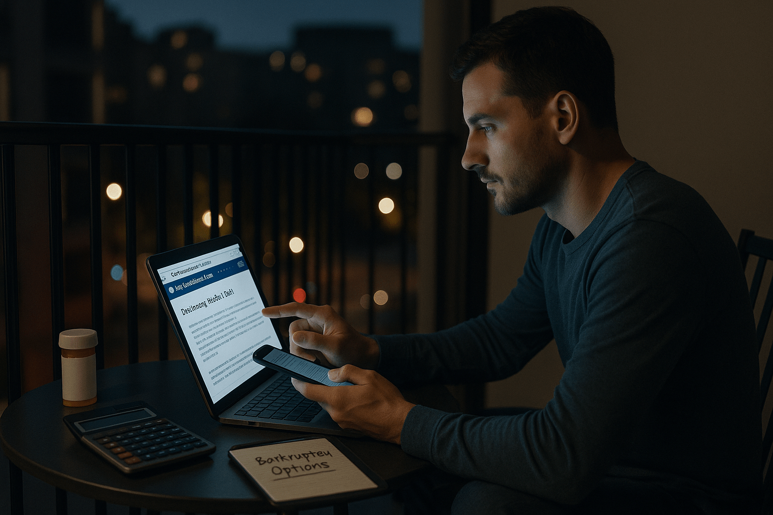 Man in his 30s is sitting on an apartment balcony at night, reviewing bankruptcy options on a tablet with medical debt documents beside him.
