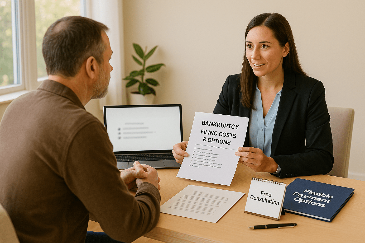 Bankruptcy attorney explaining filing costs and options to a middle-aged man in a well-lit office