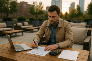 Man working on bankruptcy recovery plan at an outdoor lounge with a laptop, calculator, and paperwork at sunset