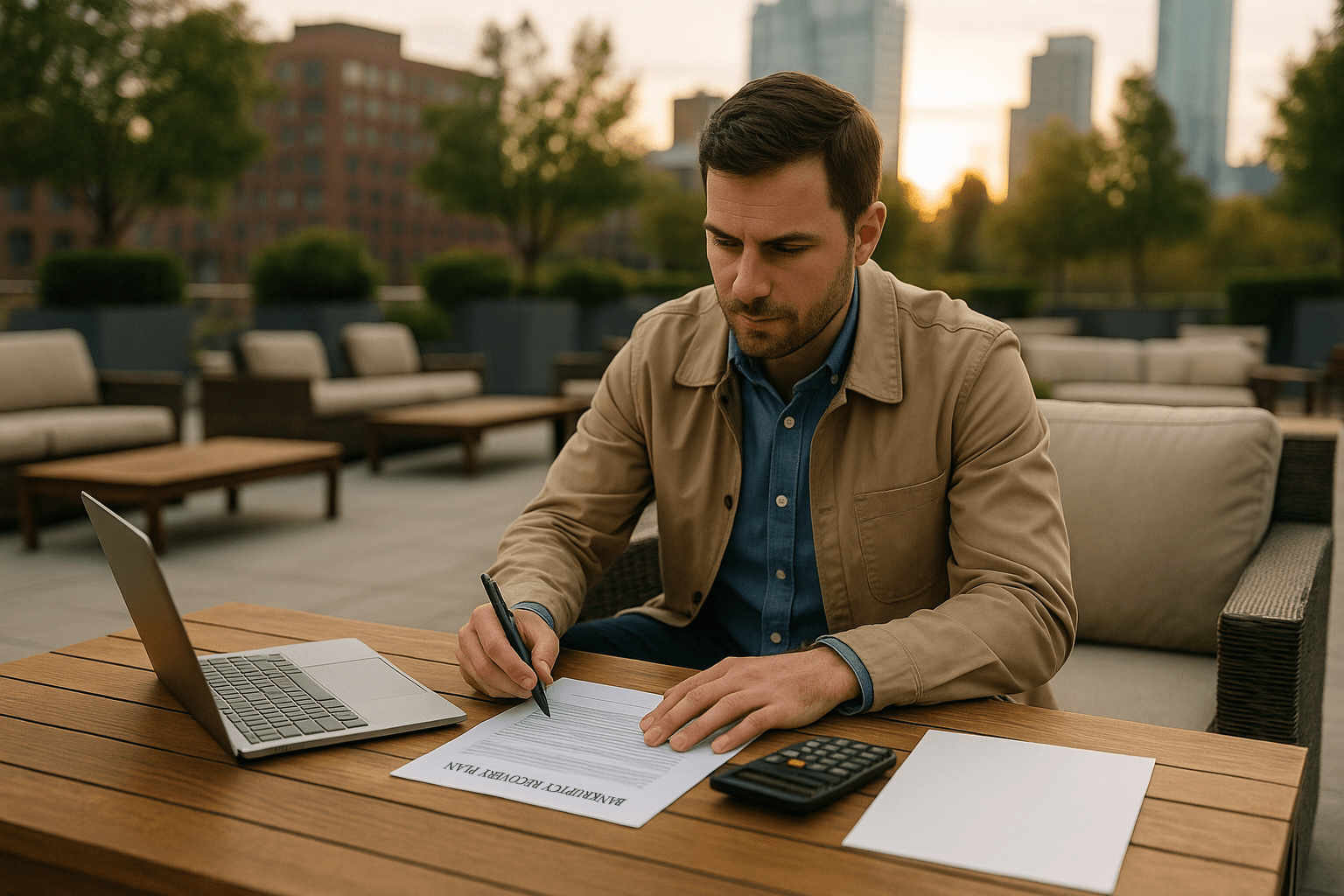 Man working on bankruptcy recovery plan at an outdoor lounge with a laptop, calculator, and paperwork at sunset