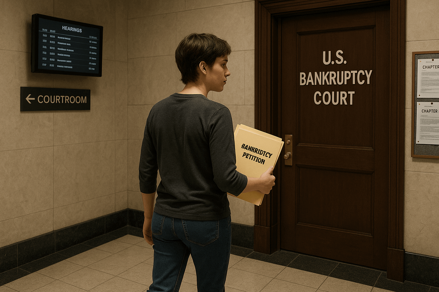 Person entering U.S. Bankruptcy Court holding a bankruptcy petition folder