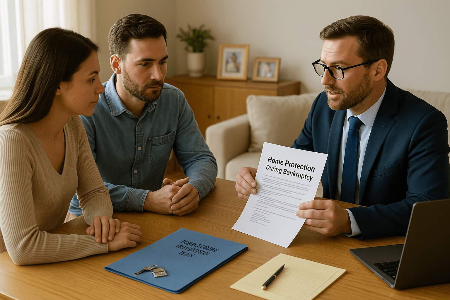 Bankruptcy attorney explaining home protection options to a couple during a consultation in a living room