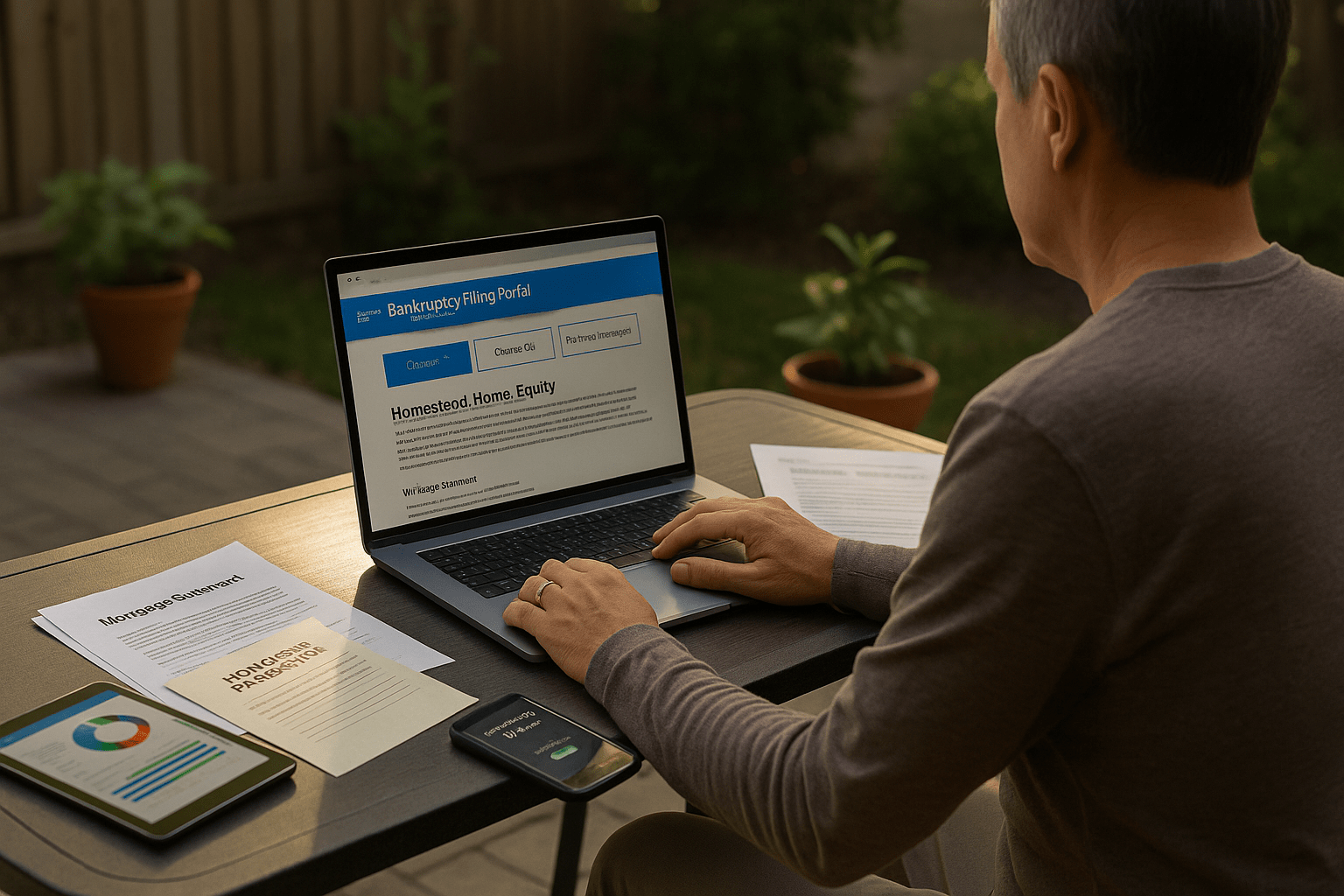 Homeowner reviewing Chapter 7 and Chapter 13 bankruptcy options on a laptop from a backyard patio
