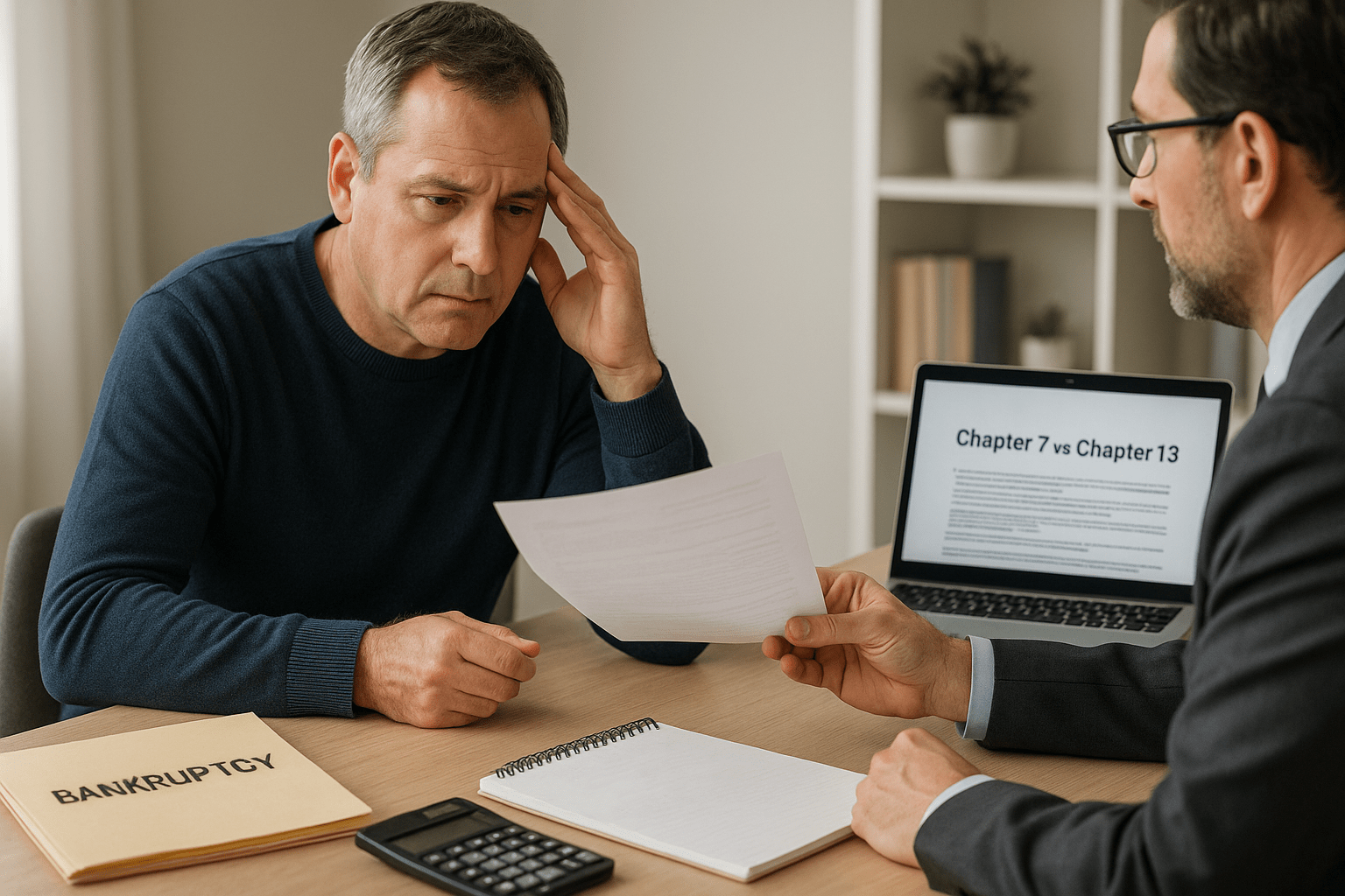 A middle-aged man is consulting with a bankruptcy attorney about Chapter 7 vs Chapter 13 options, reviewing paperwork at a professional office desk.