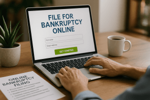 A man is sitting at a desk using a laptop to research how to file for bankruptcy online from