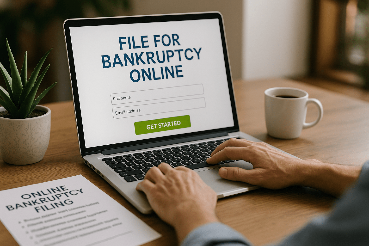 A man is sitting at a desk using a laptop to research how to file for bankruptcy online from
