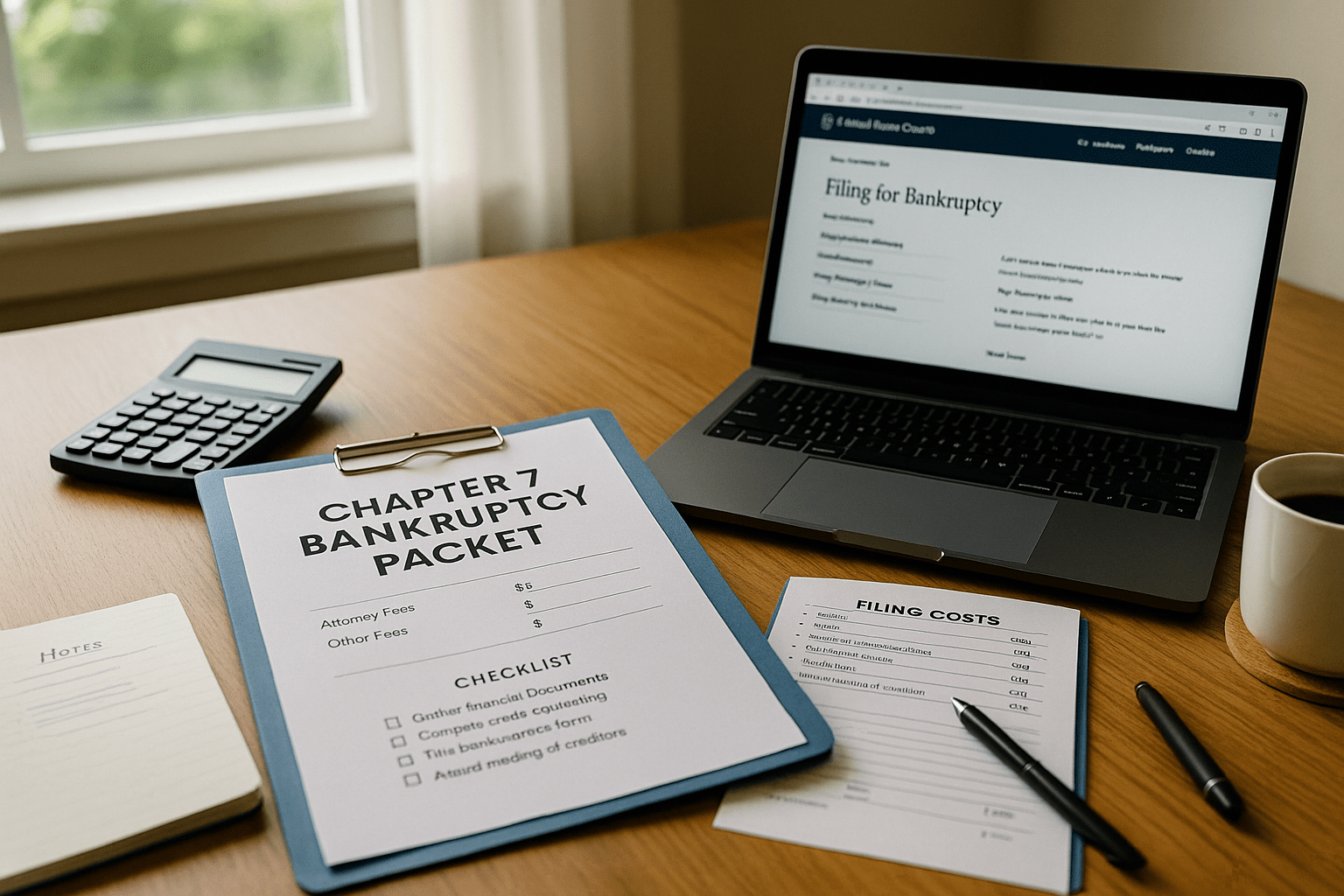 Desk with Chapter 7 bankruptcy packet, calculator, and filing fee documents in a home office