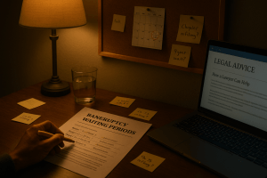 Home office desk with legal paperwork, calendar, and laptop under warm lamplight
