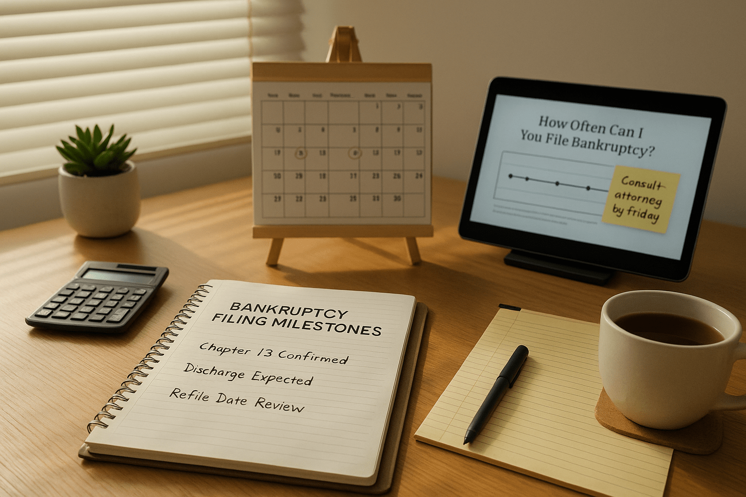 Home office desk with a calendar showing bankruptcy milestones and filing timeline