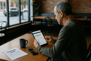A middle-aged man reviewing bankruptcy costs on a tablet in a quiet café during the day