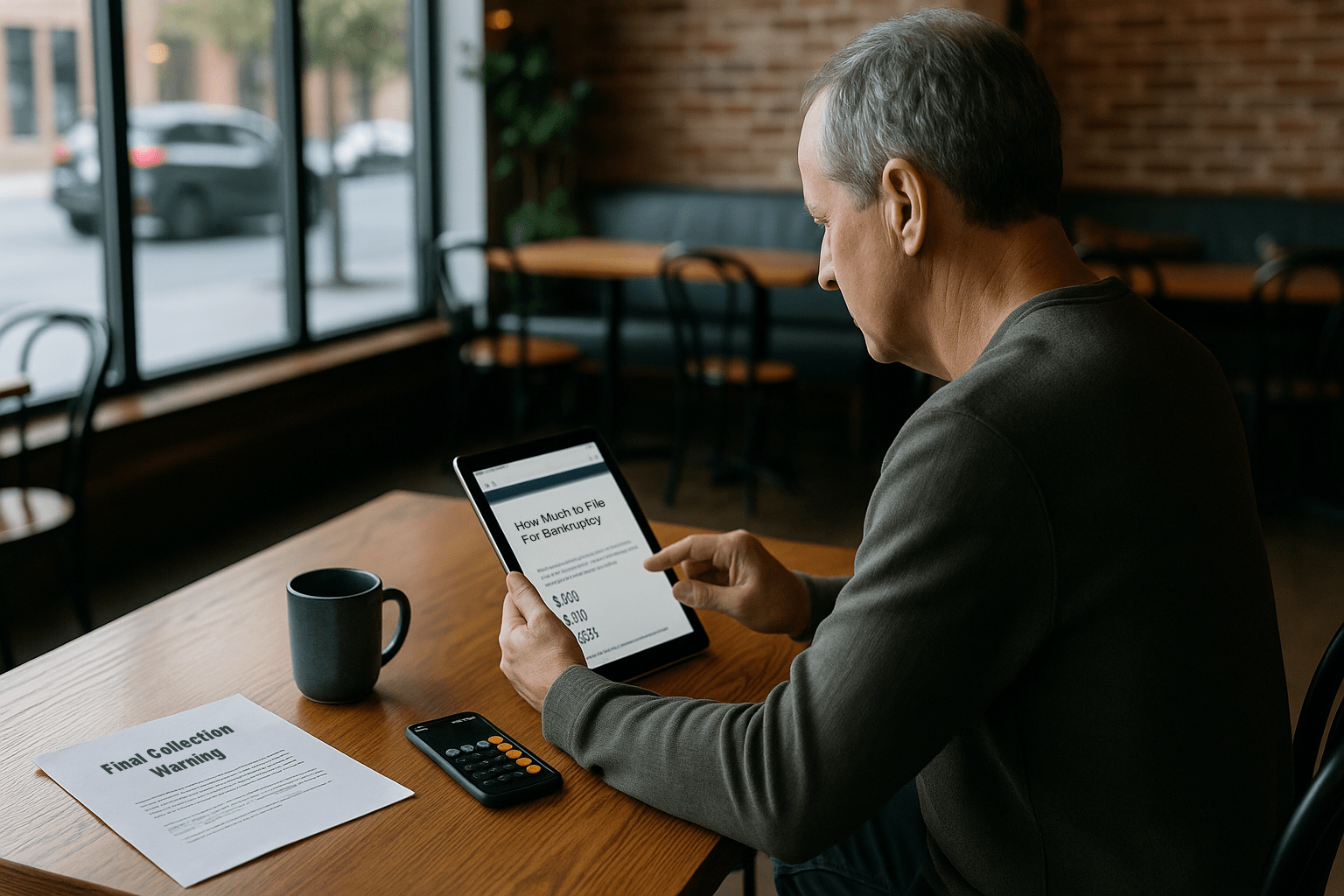 A middle-aged man reviewing bankruptcy costs on a tablet in a quiet café during the day