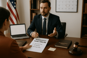Bankruptcy attorney consulting with client at desk with legal documents and U.S. flag in background