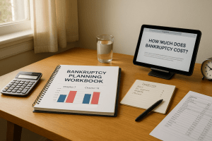 Bankruptcy planning workbook open on a desk with cost comparison charts and financial tools