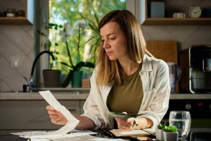 Woman sitting at kitchen table calculating bills and expenses