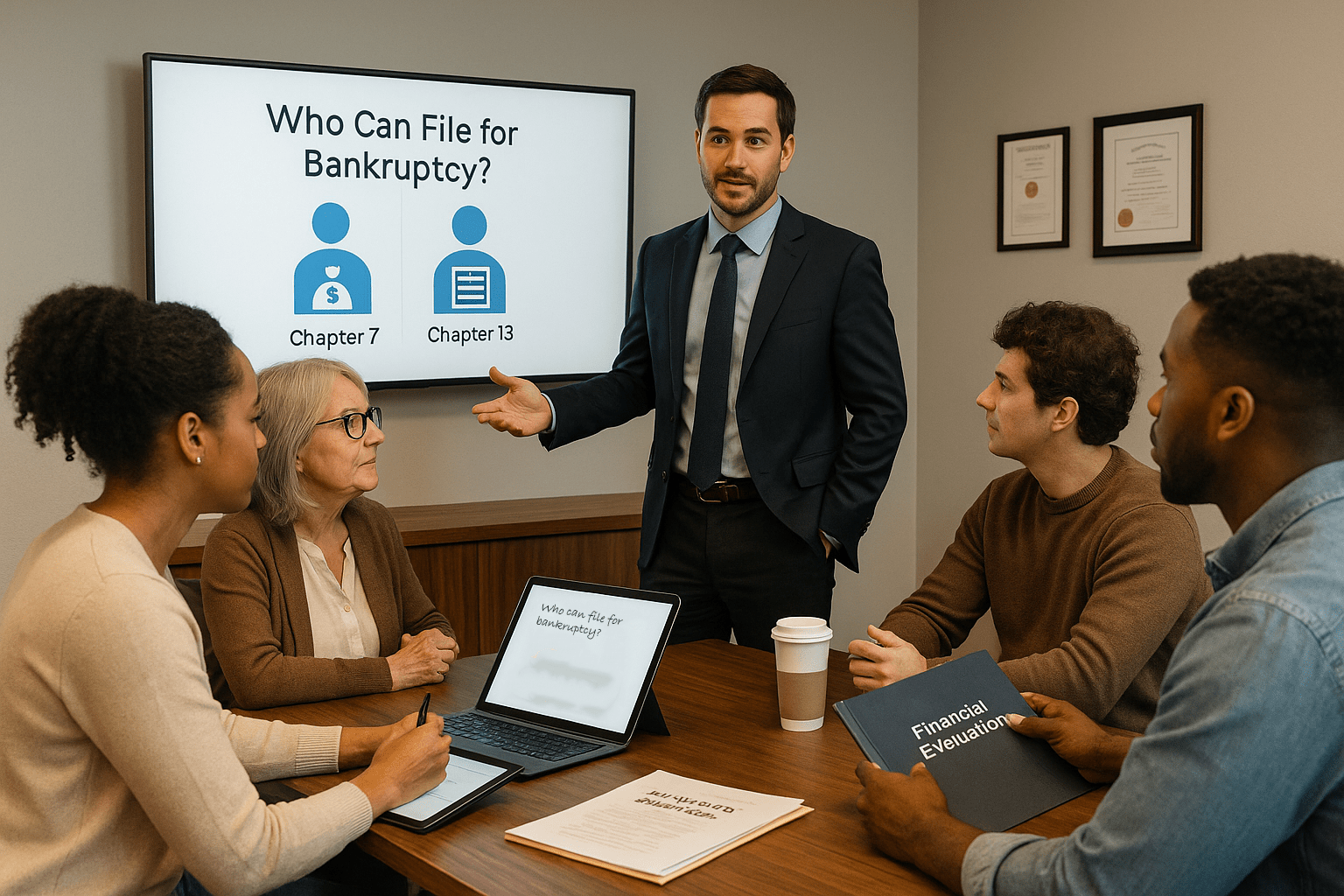 Bankruptcy attorney presenting eligibility options to a diverse group of individuals in a consultation room