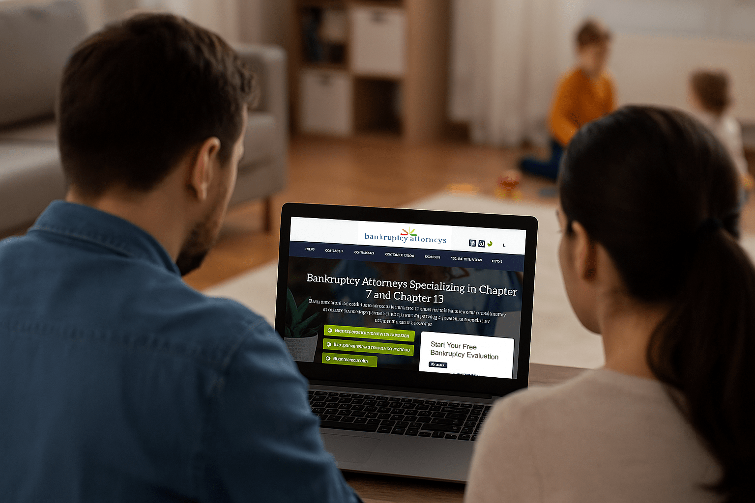 Back view of a couple viewing the Bankruptcy Attorneys website on a laptop while their children play in the background