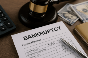 Close-up of a bankruptcy cost form with itemized fees, gavel, cash, calculator, and pen on a wooden desk