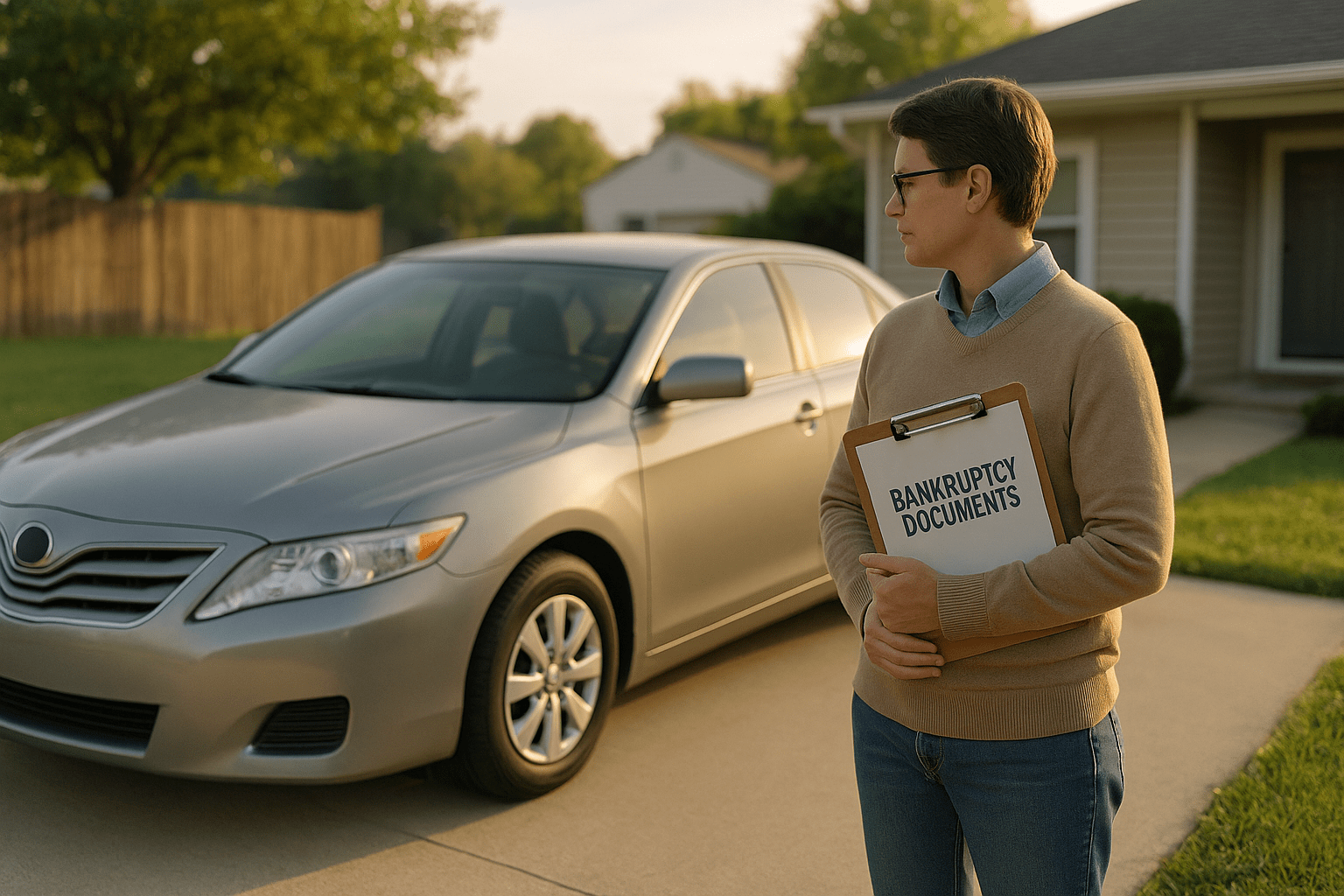 Individual reviewing bankruptcy documents beside a car in a suburban driveway