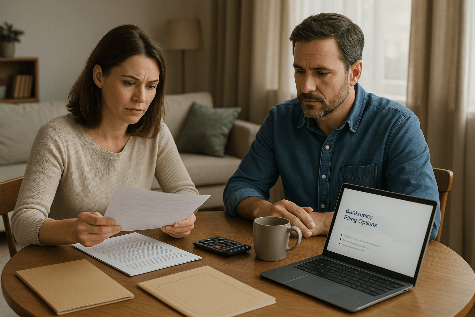 A married couple reviewing bankruptcy options together at a home table