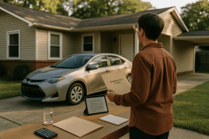 An individual holding a bankruptcy folder beside their parked car in a suburban driveway