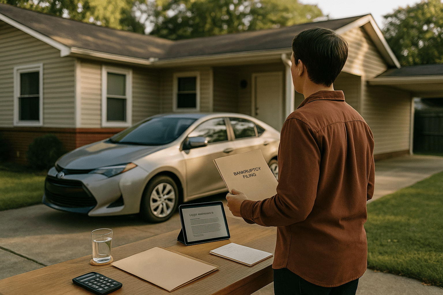 An individual holding a bankruptcy folder beside their parked car in a suburban driveway