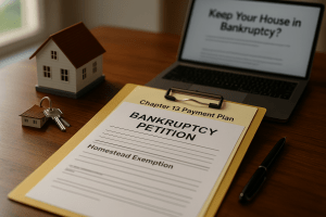Bankruptcy petition form with homestead exemption, house keys, and laptop on a desk