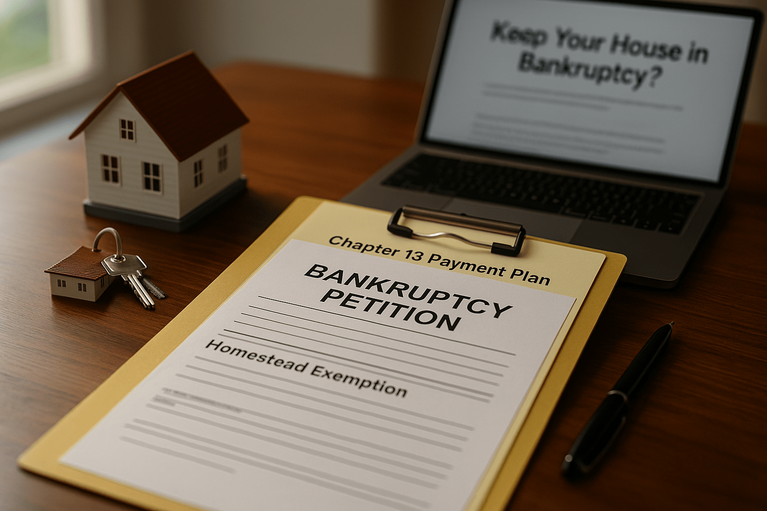 Bankruptcy petition form with homestead exemption, house keys, and laptop on a desk