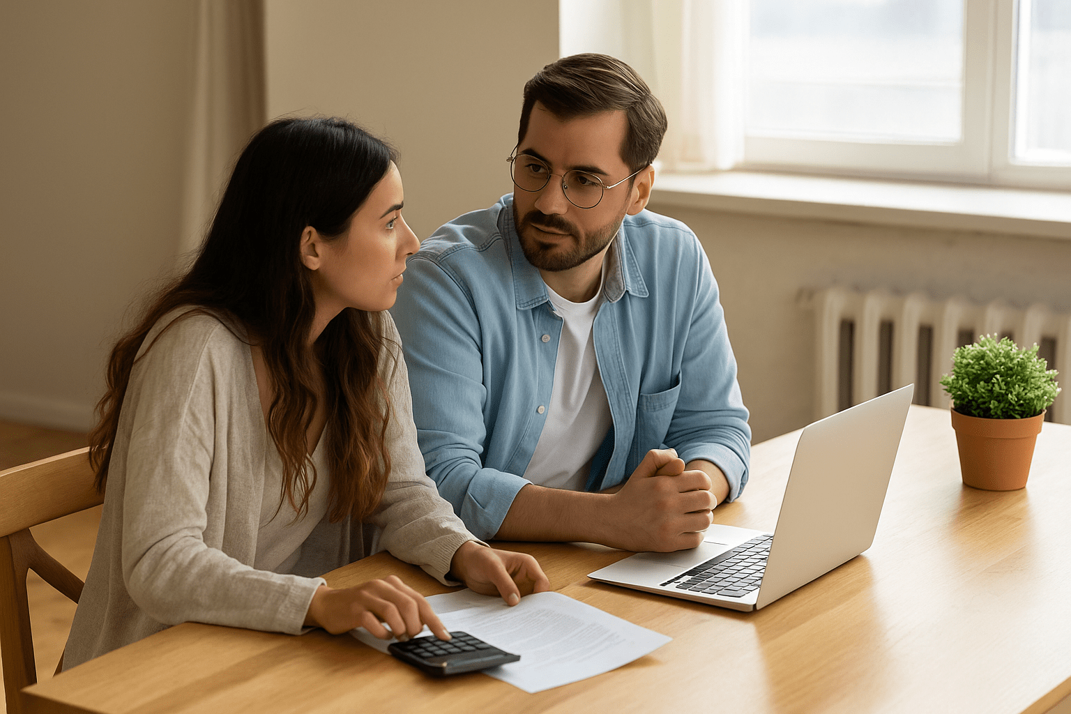Couple reviewing financial paperwork and using a calculator at a home table near a laptop