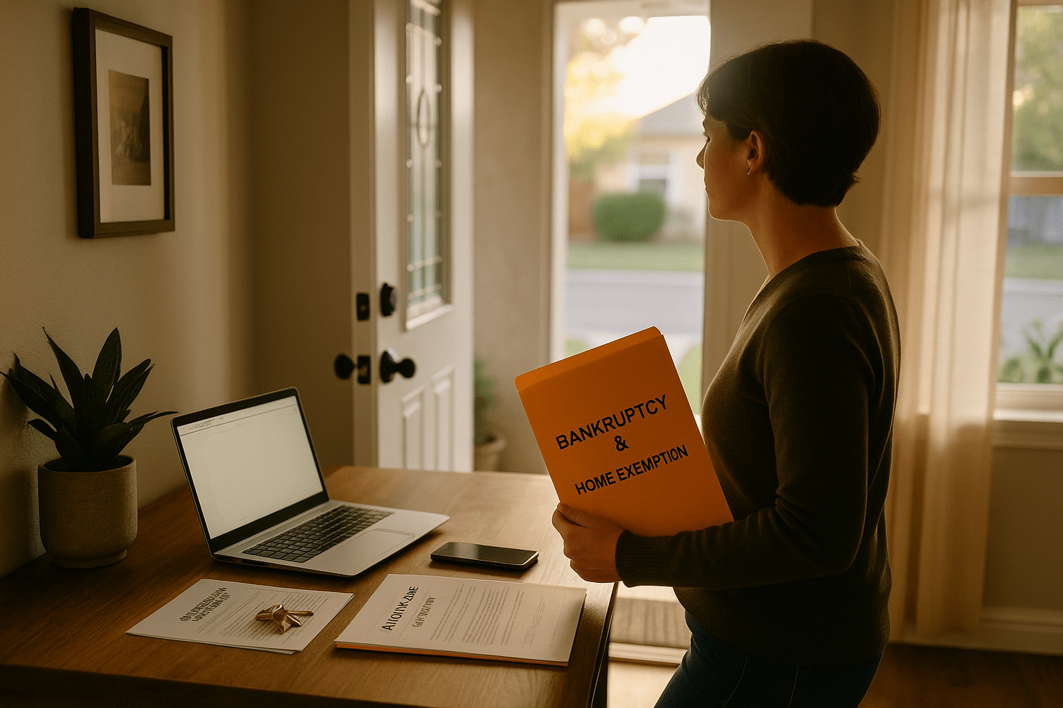 Woman holding a folder labeled "Bankruptcy & Home Exemption" while standing near the front door of her home