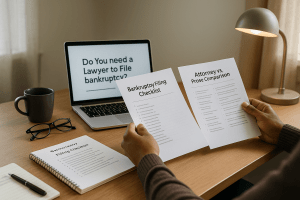 Hands reviewing bankruptcy paperwork and legal options at a home desk