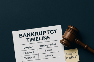 Featured image with a gavel and bankruptcy timeline chart