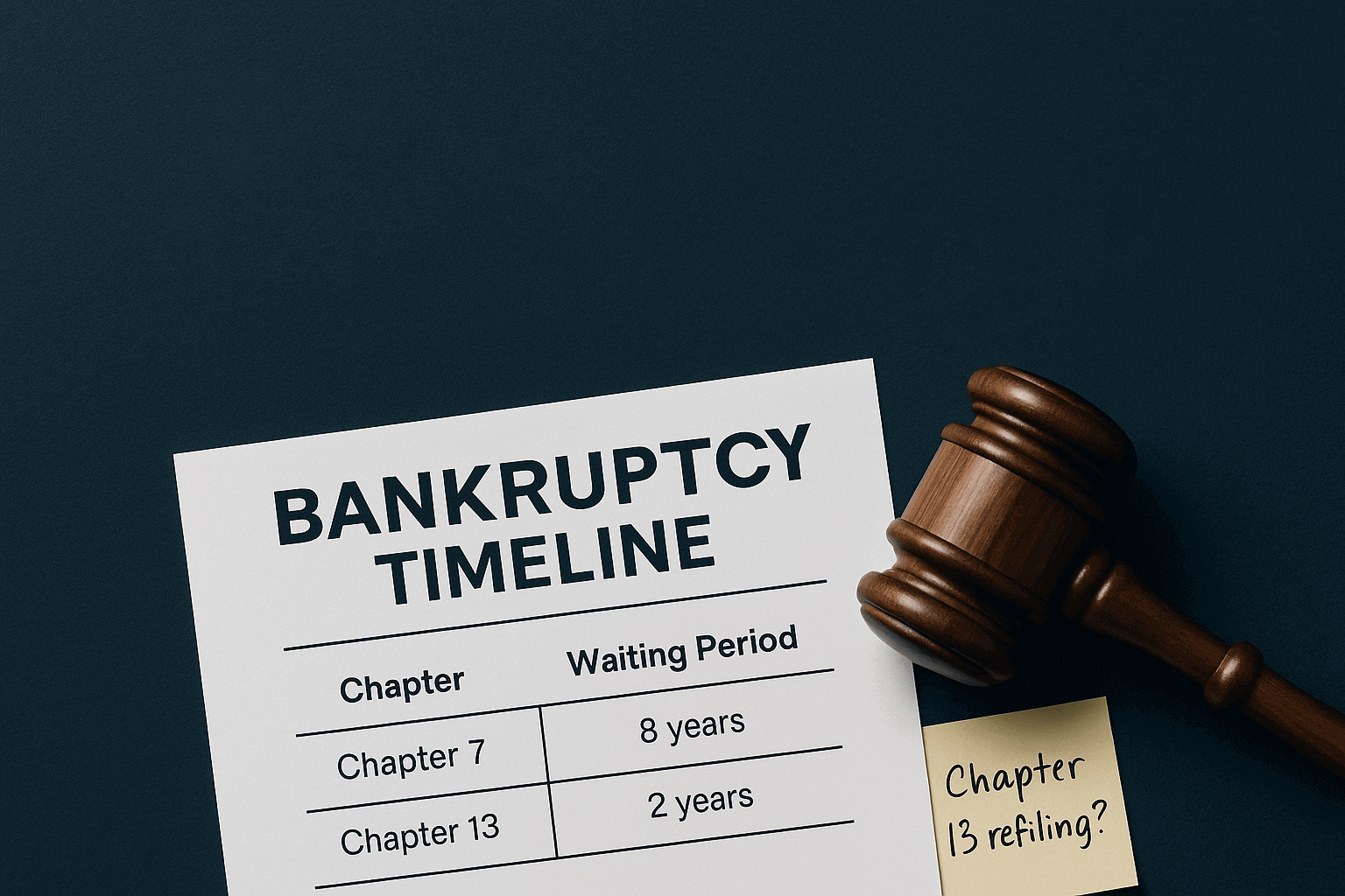 Featured image with a gavel and bankruptcy timeline chart