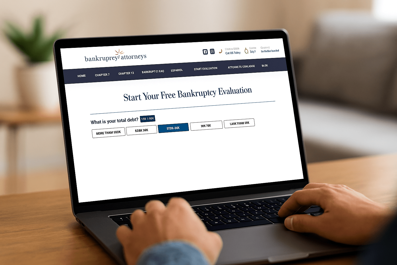Person reviewing bankruptcy debt eligibility on laptop screen with Bankruptcy Attorneys website open